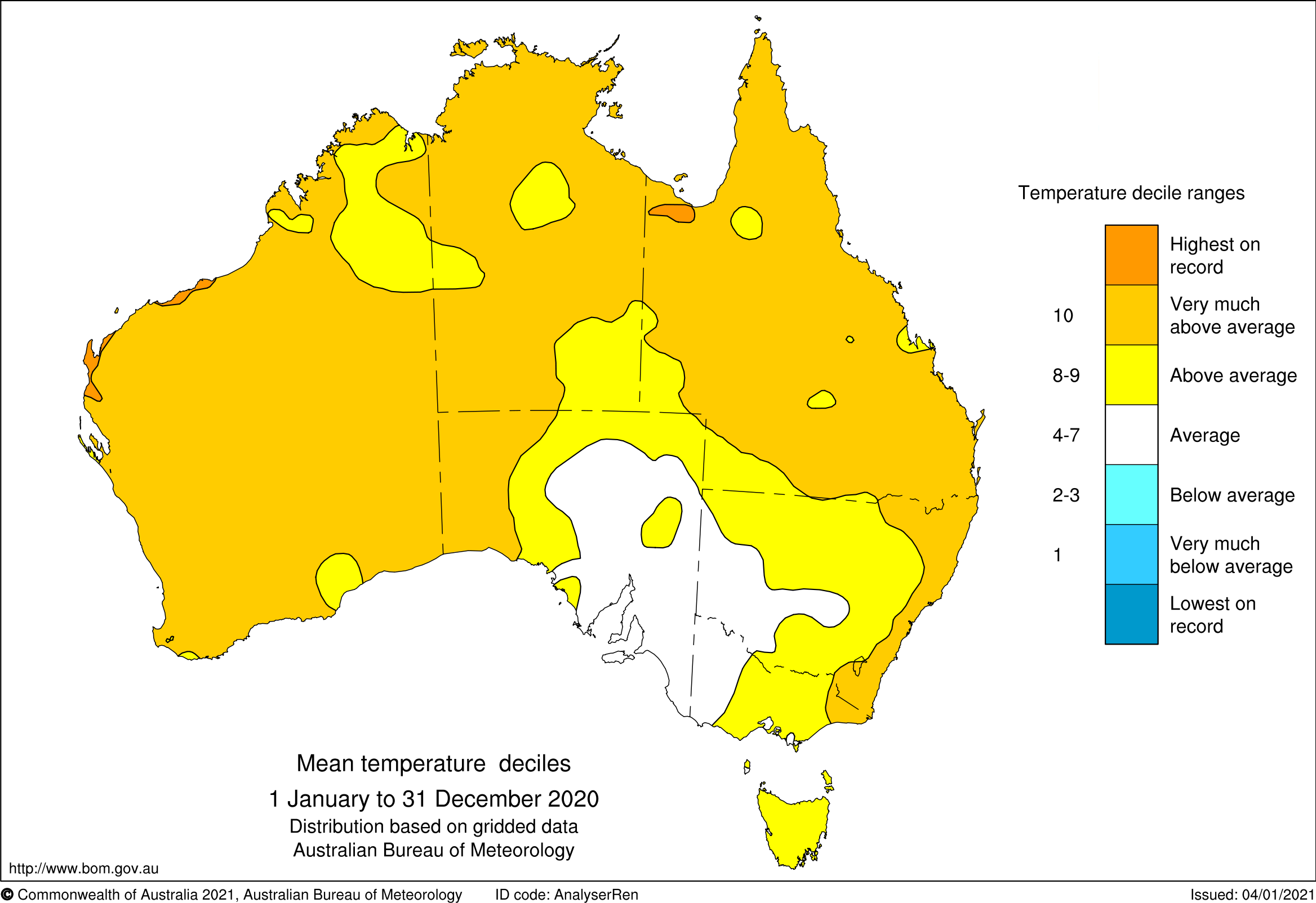 Map of Australia showing mean temperature deciles as warmer than average for most of Australia, as described in the text.